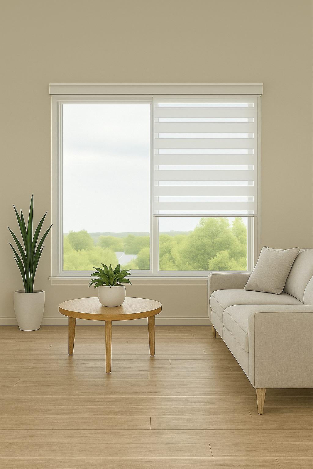 Modern white zebra blinds on a living room window with natural light filtering through