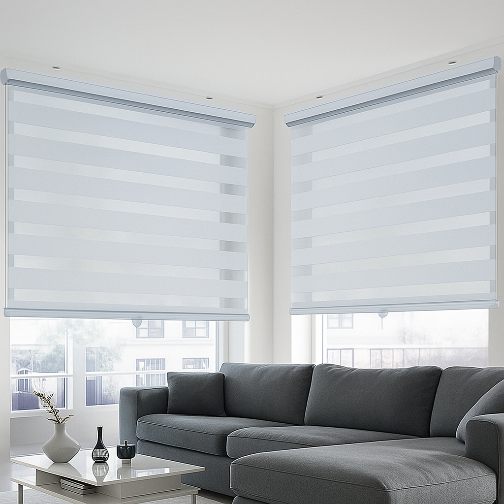 Close-up of white zebra blind fabric showing alternating sheer and solid stripes